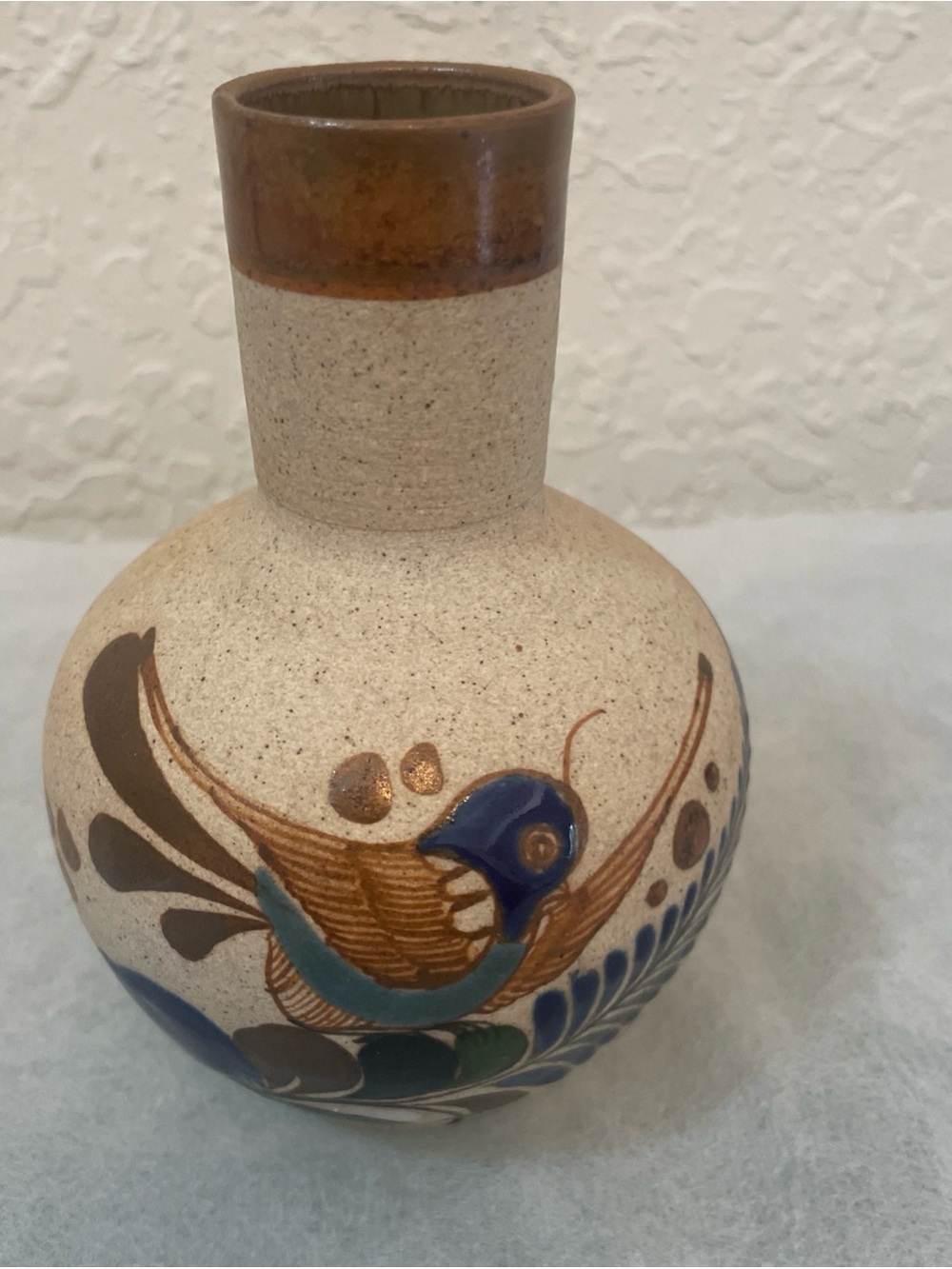 Vintage Vase Tonala Mexican Folk Art Pottery Floral Bird  5"